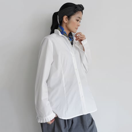 【 ONLINE LIMITED 】i c h i  230735 Stand Tuck Frill Shirt / C : WHITE