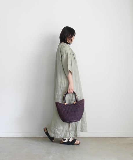 i c h i 251005 French Linen Gathered Dress / C : EARTH KHAKI