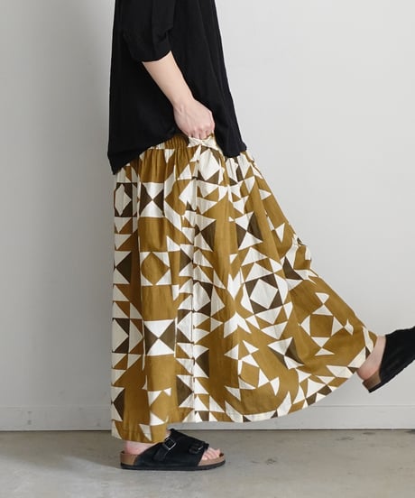 ichiAntiquités 1000943 INDIA Block Print Pin Tuck Skirt / A : KHAKI