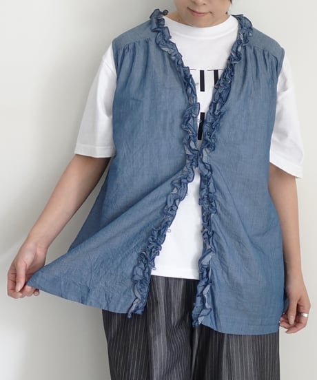 ichi 251212 2WAY Denim Sleeveless Frill Shirt / A : LIGHT INDIGO