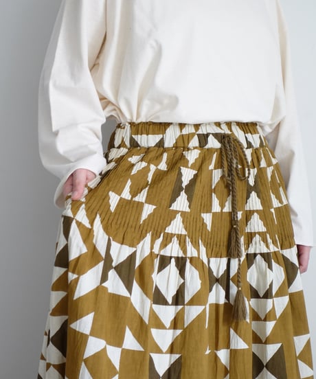 ichiAntiquités 1000943 INDIA Block Print Pin Tuck Skirt / A : KHAKI