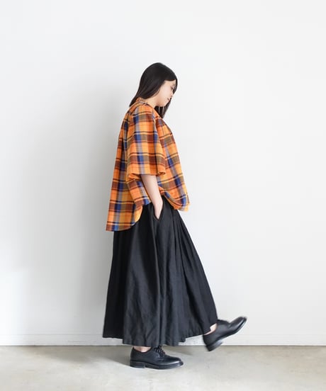 i c h i 251008  Cotton Check Band Collar Blouse / B : ORANGE