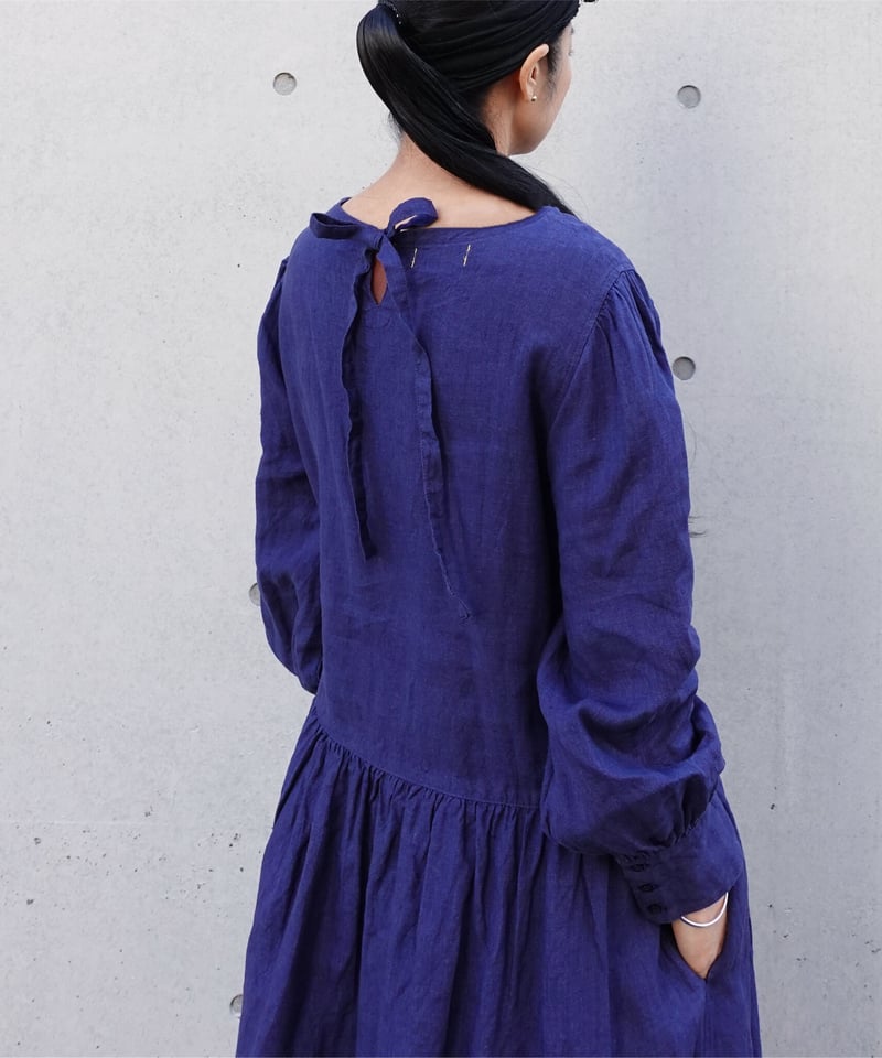 未使用【Antiquités noir 】インディゴ リネンリボンワンピース Antiquités noir インディゴリネンリボンワンピース インディゴ