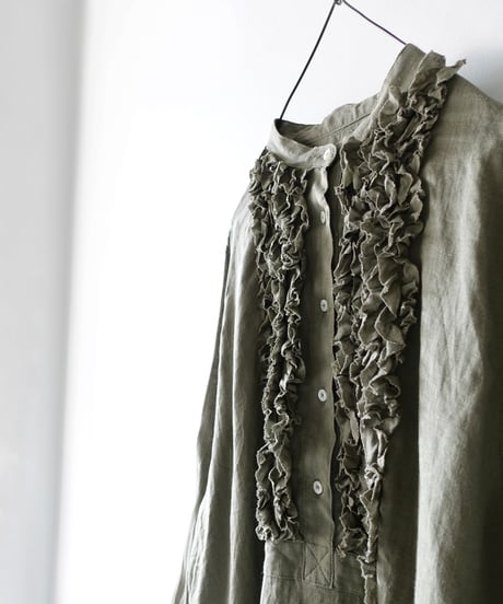 ichiAntiquités 1000936  Linen Frill Blouse / B : OLIVE