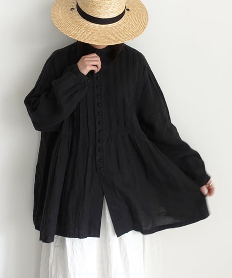 ichiAntiquités 1100913  French Linen Band Collar Tuck Shirt / 3 COLORS