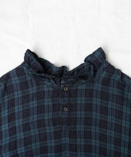 【 LIMITED COLLECTION 】Antiquités noir 1001201  Linen Frill Blouse / A : BLACK WATCH