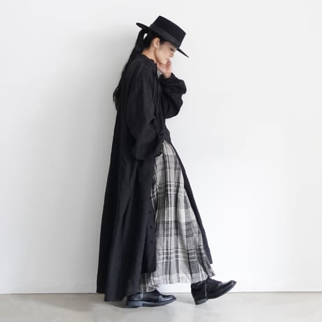 【ONLINE LIMITED】ichiAntiquités 900365 French Linen Band Collar Tuck Dress / C : BLACK