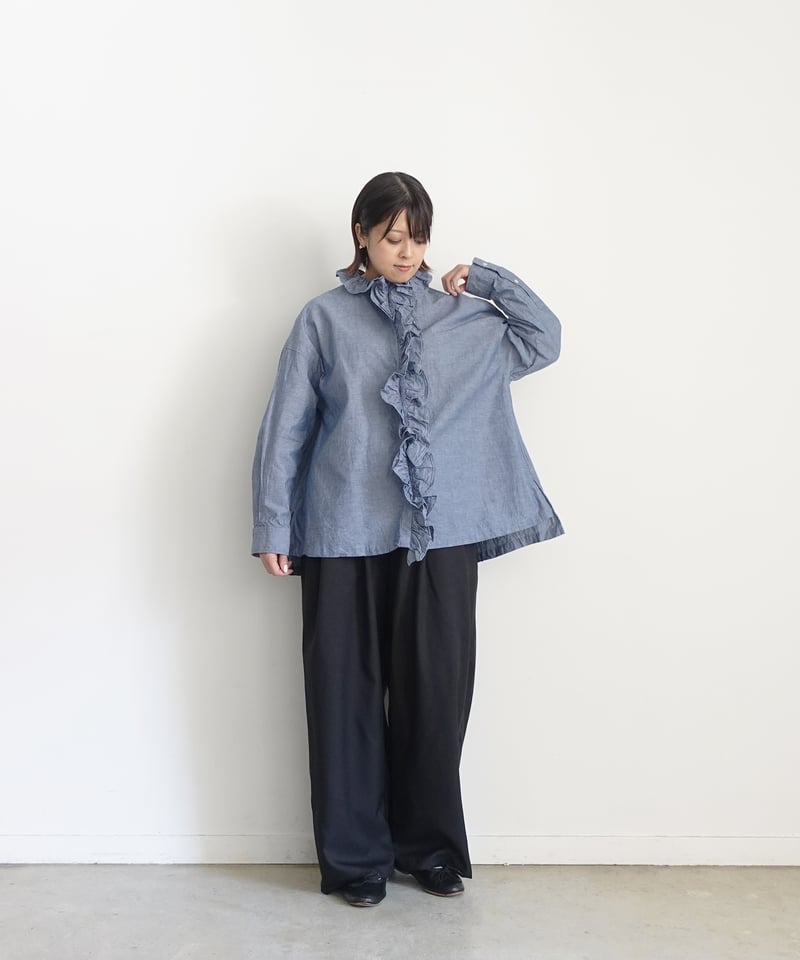 i c h i 250409 Cotton Dungaree Frill Shirt / C