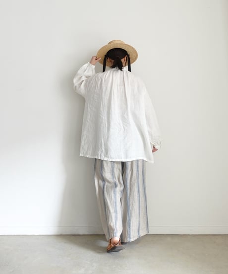ichiAntiquités 1100913  French Linen Band Collar Tuck Shirt / 3 COLORS