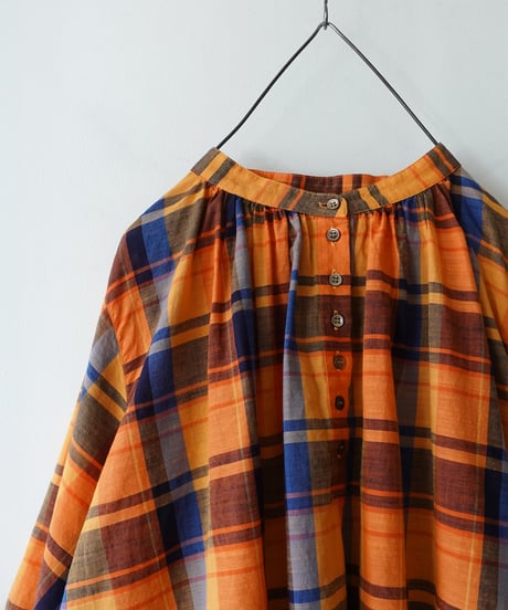i c h i 251008  Cotton Check Band Collar Blouse / B : ORANGE
