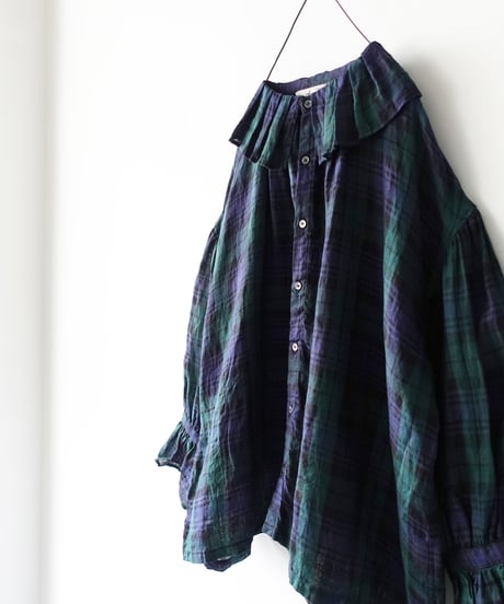 【ONLINE LIMITED】ichiAntiquités 1000634 Linen Tartan Frill Shirt / A : BLACK WATCH