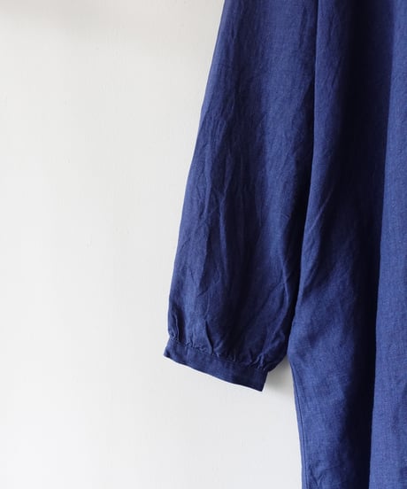 ichiAntiquités 1100314 INDIGO Linen Band Collar Dress / A : INDIGO
