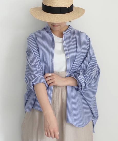 i c h i  260117 Stand Collar Stripe Shirt / D : NAVY STRIPE