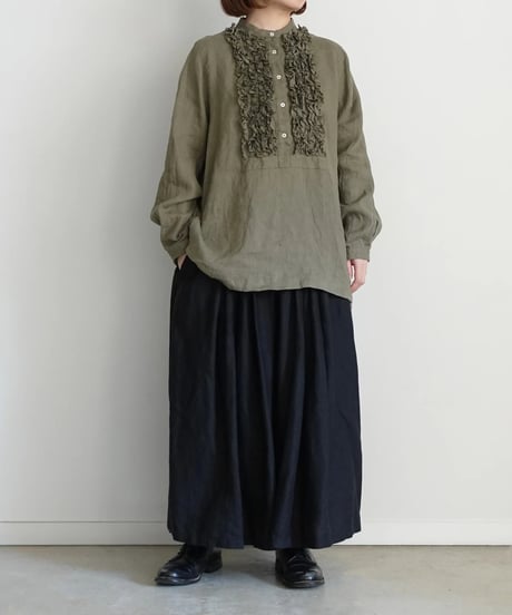 ichiAntiquités 1000936  Linen Frill Blouse / B : OLIVE