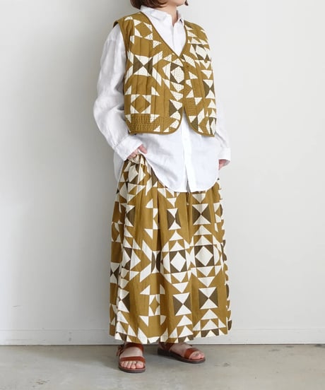 ichiAntiquités 1000943 INDIA Block Print Pin Tuck Skirt / A : KHAKI