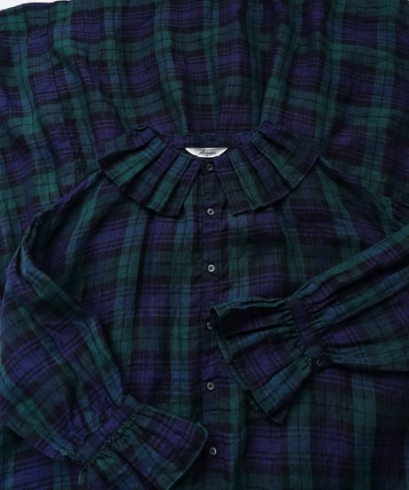 【ONLINE LIMITED】ichiAntiquités 1000634 Linen Tartan Frill Shirt / A : BLACK WATCH