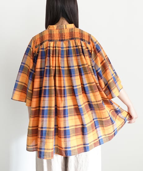 i c h i 251008  Cotton Check Band Collar Blouse / B : ORANGE