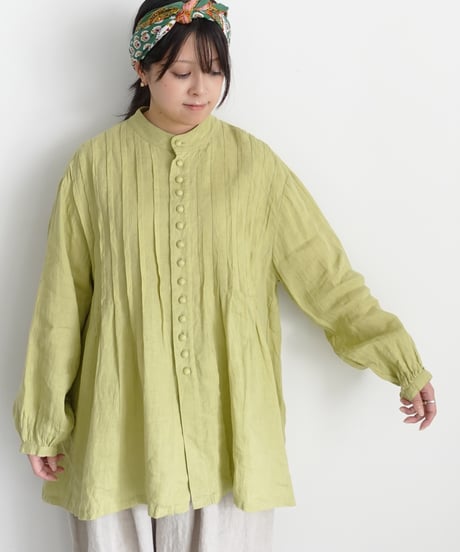 ichiAntiquités 1100913  French Linen Band Collar Tuck Shirt / 3 COLORS