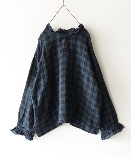 【 LIMITED COLLECTION 】Antiquités noir 1001201  Linen Frill Blouse / A : BLACK WATCH
