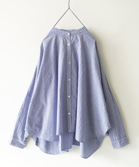 i c h i  260117 Stand Collar Stripe Shirt / D : NAVY STRIPE