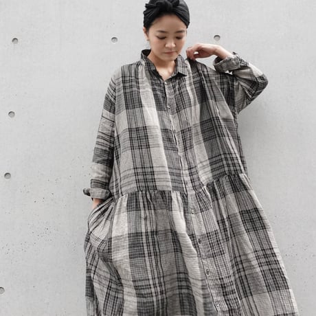 【 ONLINE LIMITED 】ichiAntiquités 900366  Linen Vintage Check Shirt Dress / B : BLACK