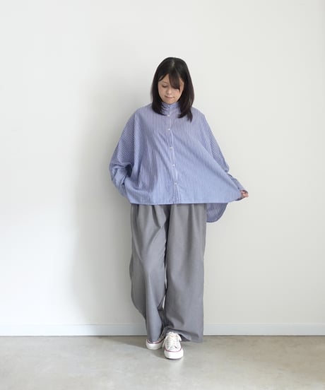 i c h i  260117 Stand Collar Stripe Shirt / D : NAVY STRIPE