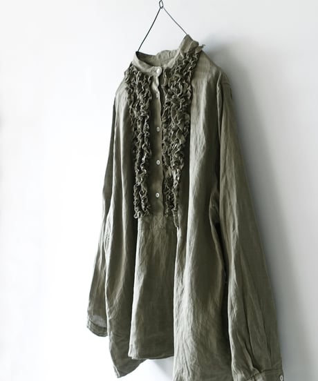 ichiAntiquités 1000936  Linen Frill Blouse / B : OLIVE