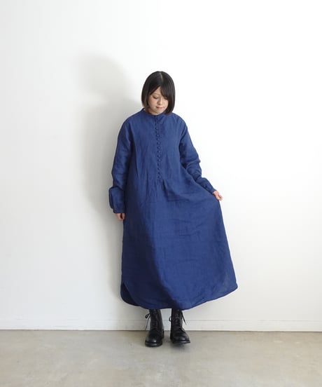 ichiAntiquités 1100314 INDIGO Linen Band Collar Dress / A : INDIGO
