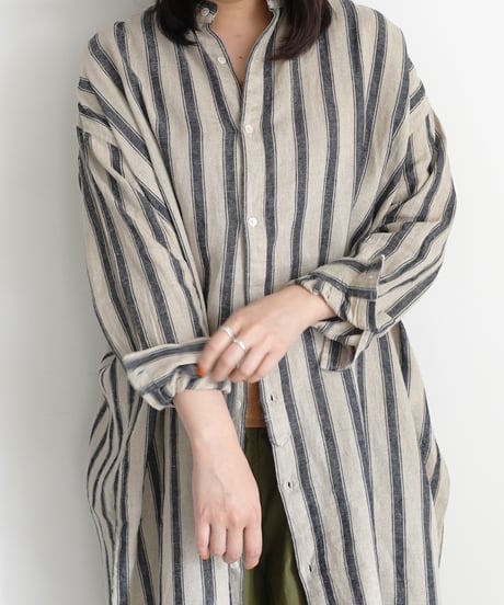 ichi Antiquités 1000913 Linen Cotton Stripe Long Shirt / 2 COLORS