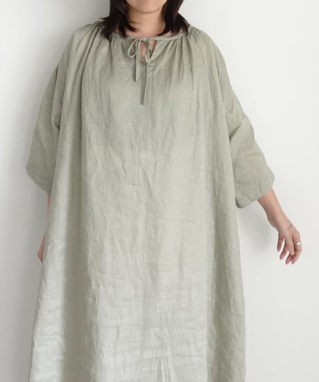 i c h i 251005 French Linen Gathered Dress / C : EARTH KHAKI