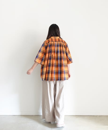 i c h i 251008  Cotton Check Band Collar Blouse / B : ORANGE