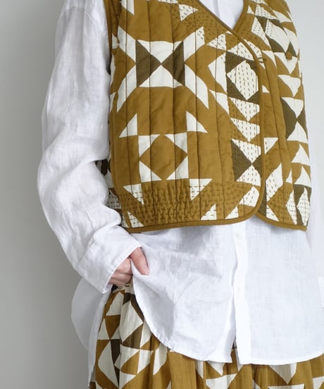 ichiAntiquités 1000941 INDIA Block Print Quilt Vest / A : KHAKI