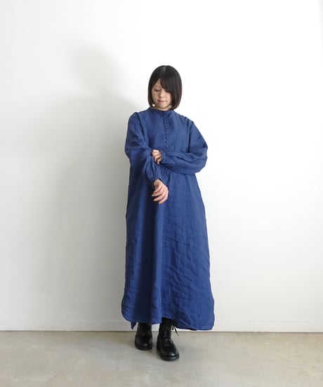 ichiAntiquités 1100314 INDIGO Linen Band Collar Dress / A : INDIGO