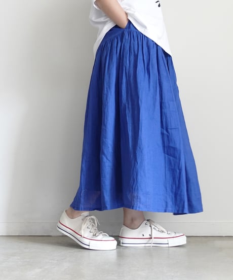 i c h i  251006 French Linen Gathered Skirt / D : BLUE