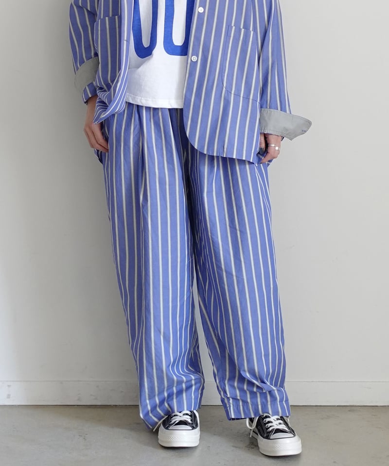 light blue striped elegant and refined コットンパンツ All Day Pant, Organic Japanese Cotton, Hampton Stripe