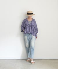 i c h i  251106 Shirring Cloth Cardigan / C : WHITE × BLUE