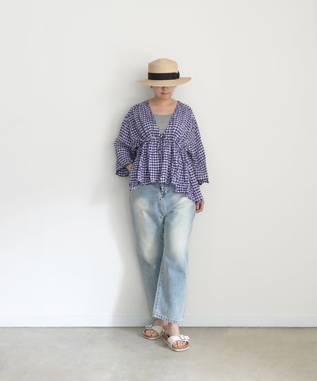 i c h i  251106 Shirring Cloth Cardigan / C : WHITE × BLUE