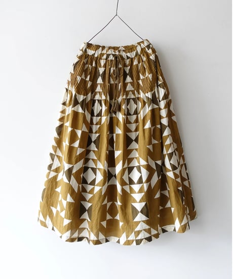 ichiAntiquités 1000943 INDIA Block Print Pin Tuck Skirt / A : KHAKI