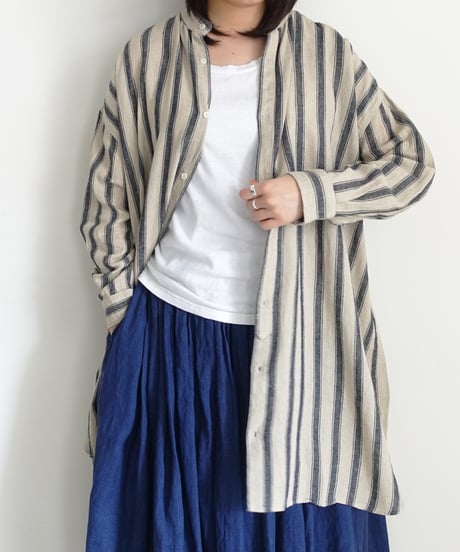ichi Antiquités 1000913 Linen Cotton Stripe Long Shirt / 2 COLORS