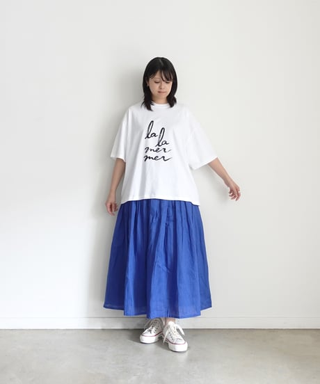 i c h i  251006 French Linen Gathered Skirt / D : BLUE