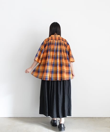 i c h i 251008  Cotton Check Band Collar Blouse / B : ORANGE