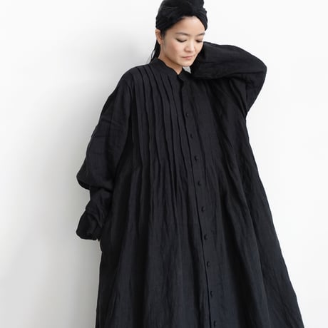 【ONLINE LIMITED】ichiAntiquités 900365 French Linen Band Collar Tuck Dress / C : BLACK