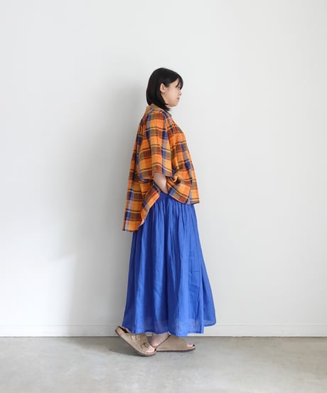 i c h i  251006 French Linen Gathered Skirt / D : BLUE