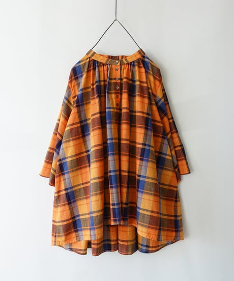 i c h i 251008  Cotton Check Band Collar Blouse / B : ORANGE