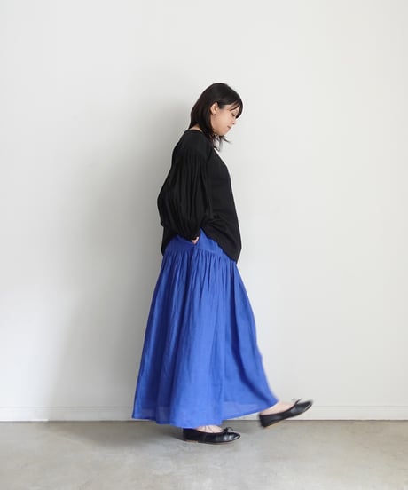 i c h i  251006 French Linen Gathered Skirt / D : BLUE