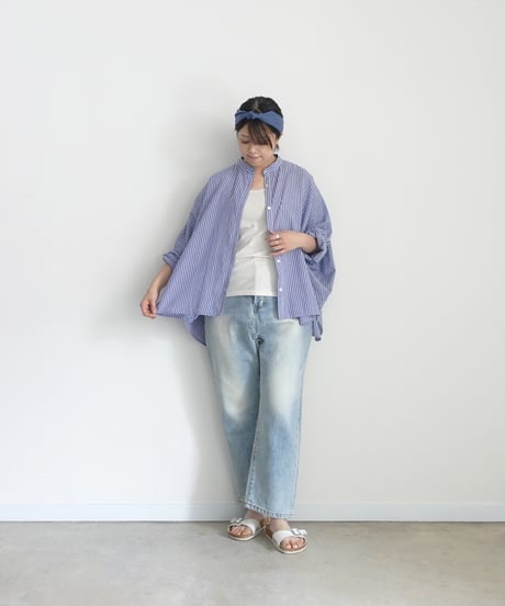 i c h i  260117 Stand Collar Stripe Shirt / D : NAVY STRIPE