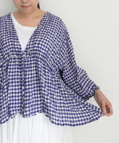 i c h i  251106 Shirring Cloth Cardigan / C : WHITE × BLUE