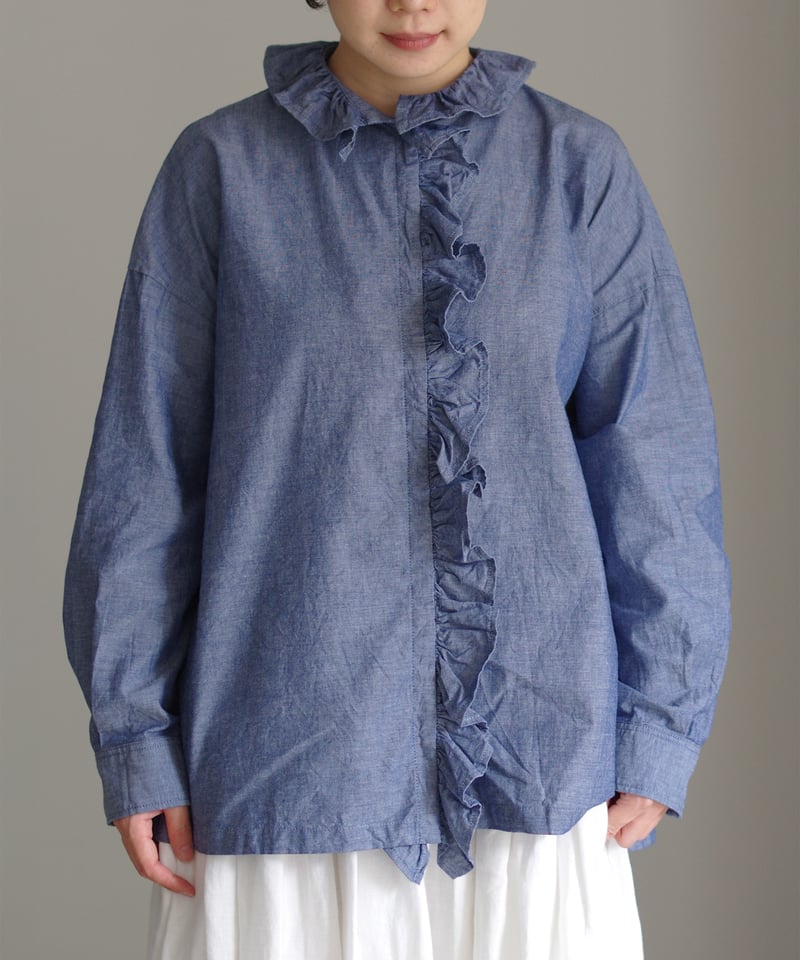 i c h i 250409 Cotton Dungaree Frill Shirt / C