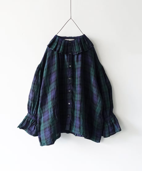 【ONLINE LIMITED】ichiAntiquités 1000634 Linen Tartan Frill Shirt / A : BLACK WATCH