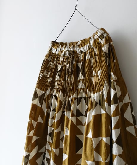 ichiAntiquités 1000943 INDIA Block Print Pin Tuck Skirt / A : KHAKI